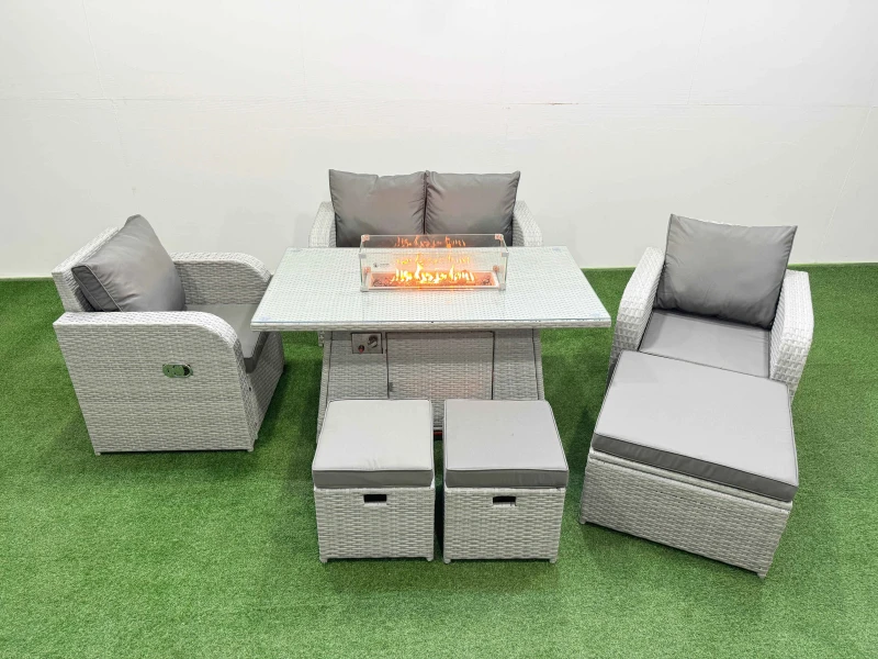Image of Fimous Light Grey PE Wicker Rattan Garden Furniture Set Sofa Set Reclining Chair Firepit Dining Table 7 Seater 3 Stools Light Grey