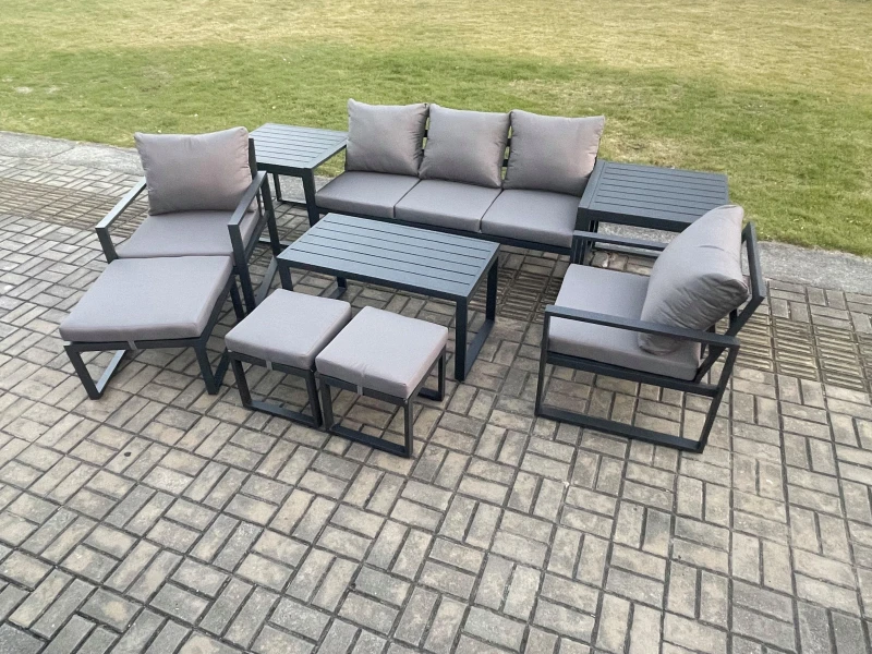 Image of Fimous Aluminium 9 Pieces Garden Furniture Sofa Set with Cushions 8 Seater Outdoor Patio Set with 2 Armchair 3 Footstools Side Table in Dark Grey Dark