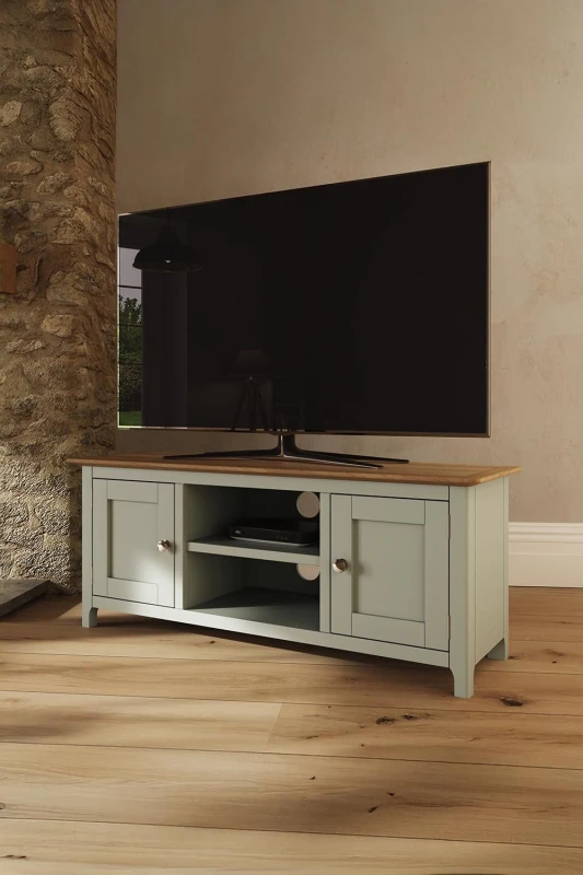 Image of FWStyle Large 2 Door TV Unit Assembled Sage Green Solid Oak Living Room Green