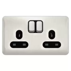 Image of Schneider Electric Lisse Screwless Deco - Switched Double Power Socket, 13A, GGBL3020BSSS, Stainless Steel with Black Insert