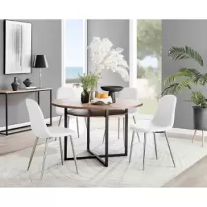 Image of Furniture Box Adley Brown Wood Storage Dining Table and 4 White Corona Silver Chairs