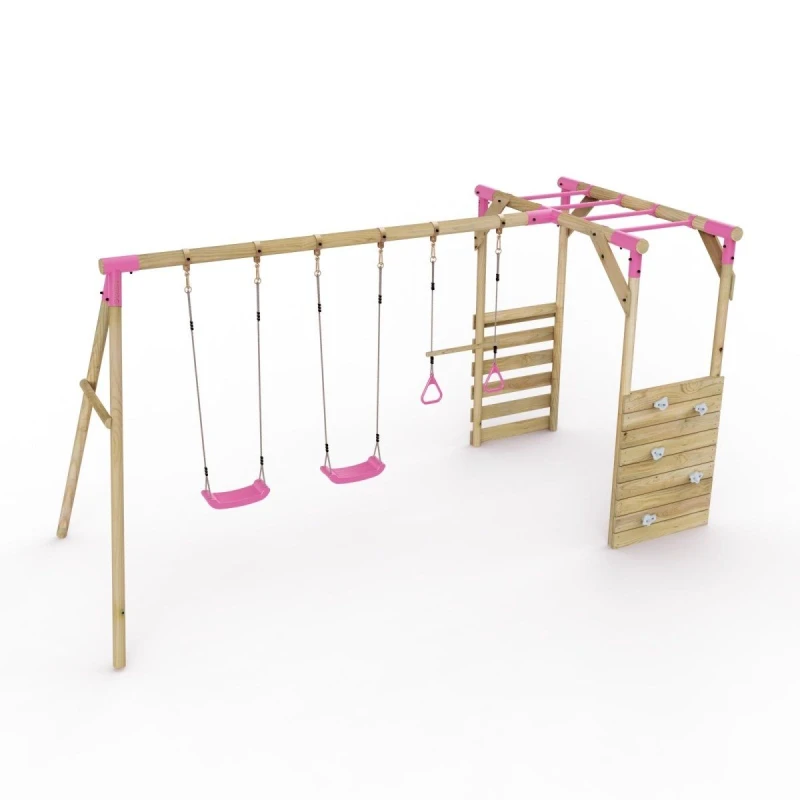 Image of Rebo Wooden Swing Set with Trapeze, Climbing Wall and Monkey Bars - Comet Pink Pink