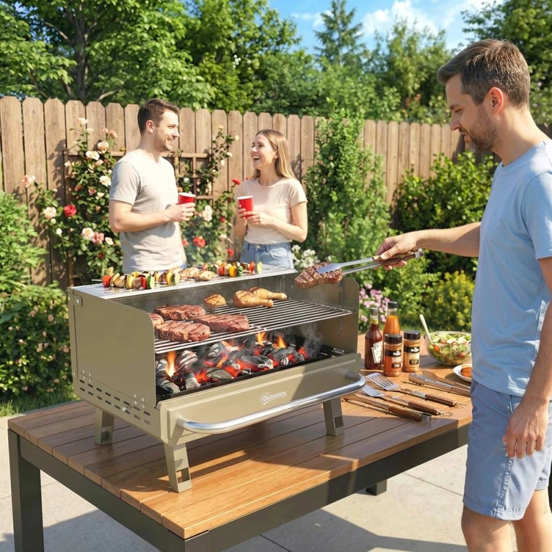 Image of OUTSUNNY Portable Barbecue Grill with Adjustable Grates for Camping in Khaki Khaki Unisex