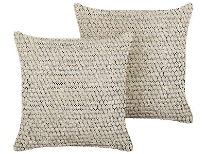 Image of Beliani Set Of 2 Decorative Cushions Howea Cotton 45 X 45cm Beige Geometric Pattern