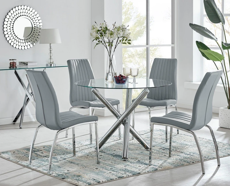 Image of FurnitureboxUK FurnitureboxUK Selina Round Glass Chrome Leg Dining Table and Isco Chairs in Grey Size: 4 Person Grey 4 Person Unisex 5056542656255