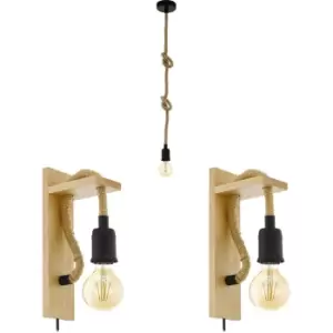 Image of Ceiling Pendant Light & 2x Matching Wall Lights Black & Knot Rope Trendy Lamp