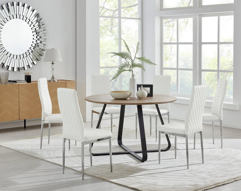 Image of FurnitureboxUK FurnitureboxUK Santorini Brown Wood Effect Dining Table & 6 Milan Chrome Leg Chairs in Off White Off White One Size Unisex 505665712418