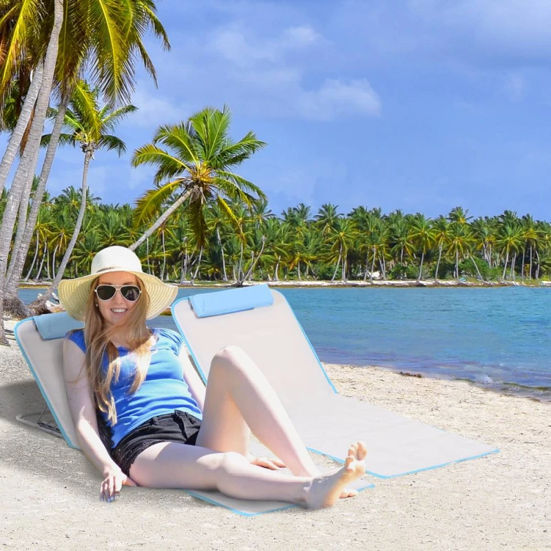 Image of OUTSUNNY 2 Pieces Outdoor Beach Mat, Reclining Chair Set w/ Pillow Cream Cream Unisex