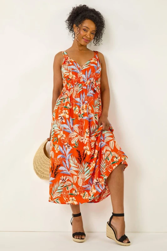 Image of Roman Womens Petite Leaf Print Strappy Maxi Dress in Orange Size: 10 Orange Female 10