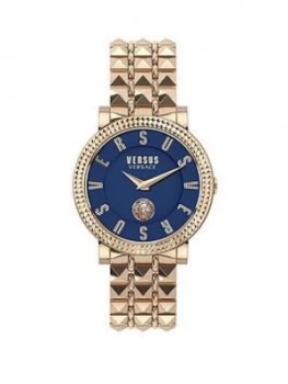 Image of Versus Versace Blue Dial Rose Gold Studded Stainless Steel Bracelet Ladies Watch