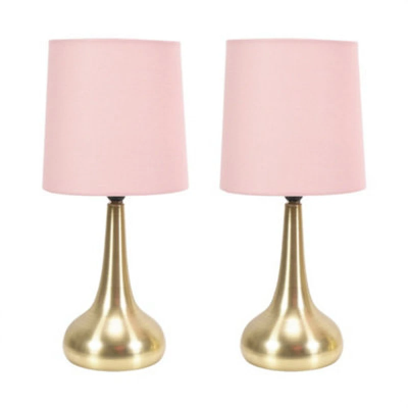 Image of ValueLights Teardrop Pair of Brushed Gold Touch Table Lamps with Fabric Shade Baby Pink