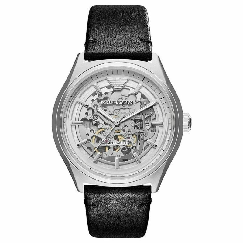 Image of Emporio Armani AR60003 Automatic Black Leather Skeleton Mens Watch