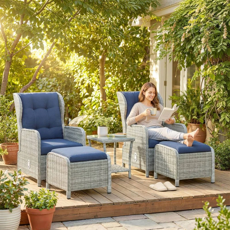 Image of OUTSUNNY Recliner Rattan Garden Furniture w/ Two-tier Table in Dark Blue Dark Blue Unisex
