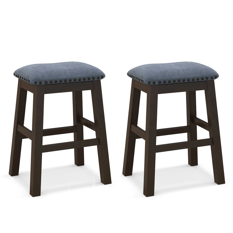 Image of COSTWAY 2 Piece Padded Bar Stool Set 62cm Rivet-Tufted Kitchen Island Stools Brown