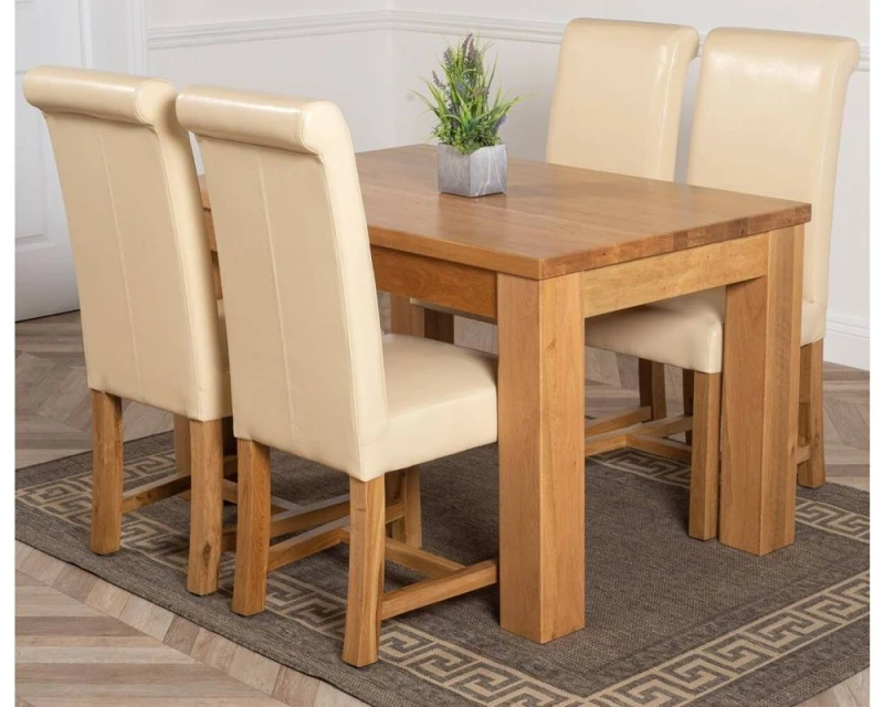 Image of Thats Furniture Dakot 127 x 82cm Oak Small Dining Table & 4 Washington Leather Chairs in Cream Size: 127 x 82cm Cream Unisex 127 x 82 cm