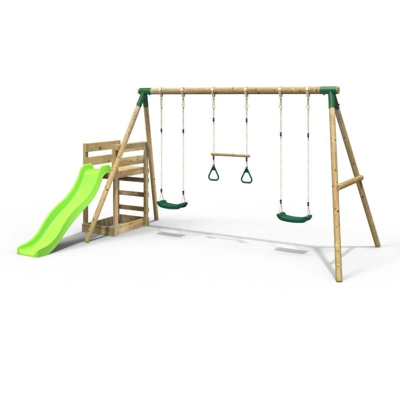Image of Rebo Wooden Triple Swing Set with Trapeze Bar and Slide - Comet Green Green
