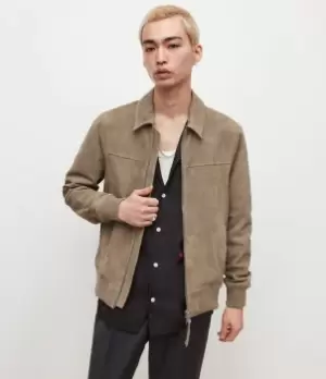 Image of AllSaints Mens Rashford Suede Jacket, Taupe Brown, Size: S