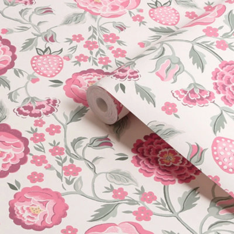 Image of Cath Kidston Strawberry Garden Spring Floral Wallpaper Wallpaper One Size Green 71741415000