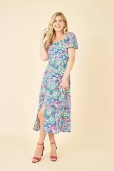 Image of Pink Retro Flower Print Puff Sleeve Midi Dress