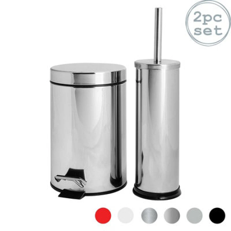 Image of Harbour Housewares Bathroom Bin & Toilet Brush Set - 3L - Chrome - Round Stainless Steel Slim Trashcan Rubbish Bin & Brush