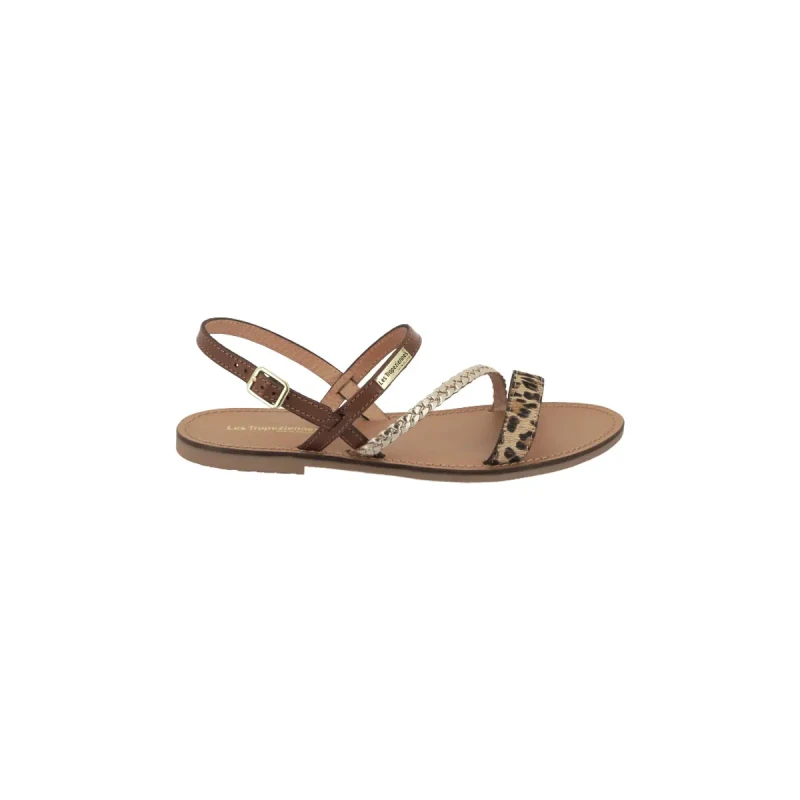 Image of LES TROPEZIENNES PAR M.BELARBI Batresse Leather Sandals Gold Coloured/Leopard Print Women 36 (3.5);37 (4);38 (5);39 (5.5 to 6);40 (6.5);41 (7)