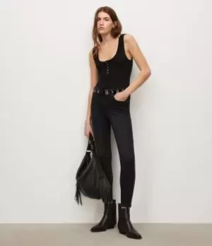 Image of AllSaints Womens Miller Mid-Rise Size Me Skinny Jeans, Washed Black, Size: M