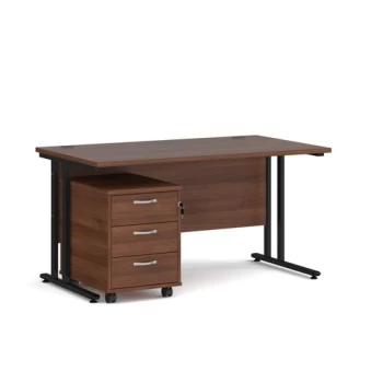 Image of Office Desk Rectangular Desk 1400mm With Pedestal Walnut Top With Black Frame 800mm Depth Maestro 25 SBK314W