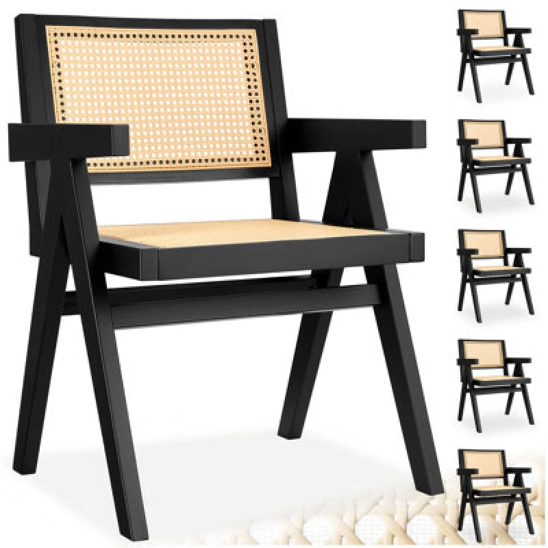 Image of Tectake Set Of 6 Dining Chair Lizzy With Mid-Century Modern Design, Rattan Backrest And Solid Wood Frame - Black