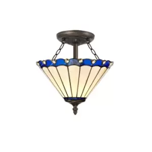 Image of 2 Light Semi Flush Ceiling E27 With 30cm Tiffany Shade, Blue, Crystal, Aged Antique Brass