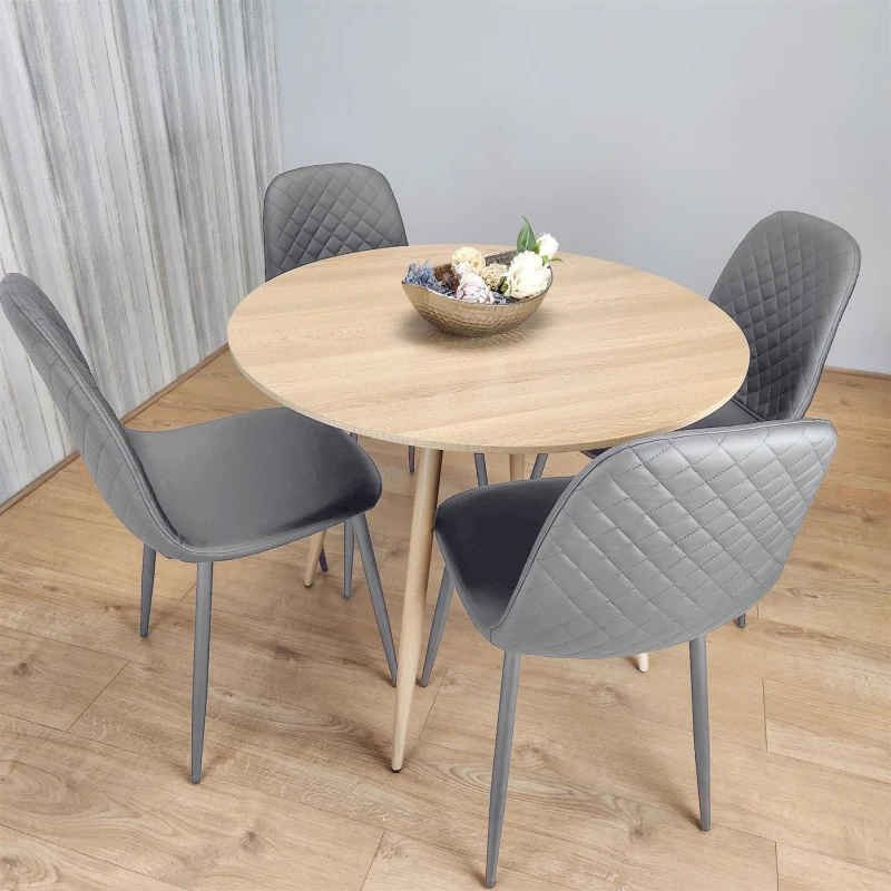 Image of KOSY KOALA KOSY KOALA Wooden Effect Beige Round Dining Table with 4 Grey Gem Pattern Chairs Beige One Size Unisex 5060711588544