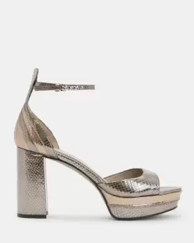 Image of AllSaints Tia Metallic Leather Open Platform Heels