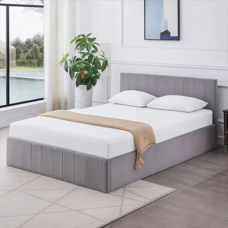 Image of KOSY KOALA Ottoman Storage Bed grey small double 4ft 6 line pattern fabric velvet and 1 Mattress bedroom furniture Grey