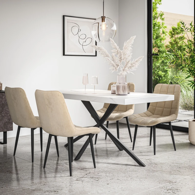 Image of More4Homes Donni Dining Table And Chairs - White Marble Effect Table Top W Black Legs + Nova Velvet Dining Chair Set Of 6 (Beige)