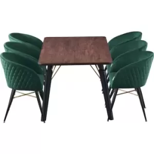 Image of 7 Pieces Life Interiors Vittorio Cosmo Dining Set - a Rectangular Walnut Dining Table and Set of 6 Green Dining Chairs - Green