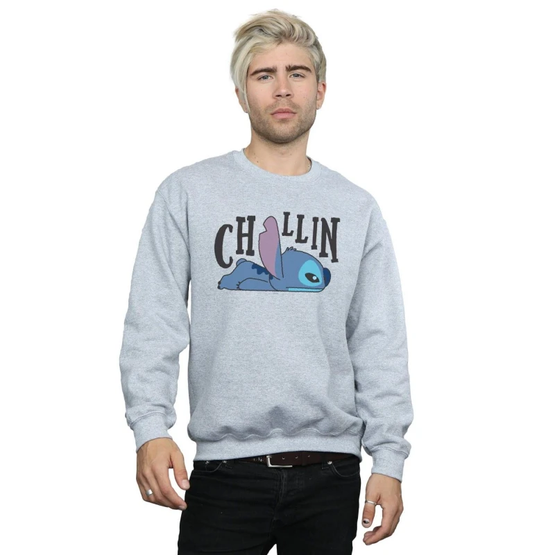 Image of Disney Men Lilo And Stitch Chillin Sweatshirt in Grey Size: Small Grey S Male 5059114522347