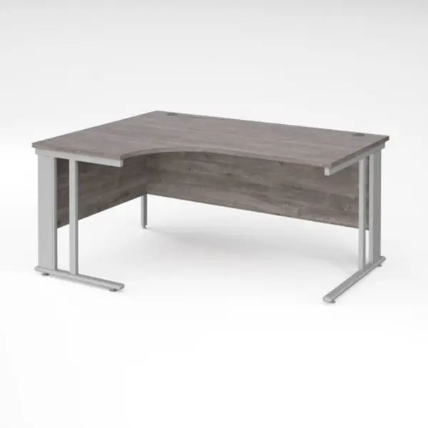 Image of Maestro 25 left hand ergonomic desk 1600mm wide - silver cable managed leg frame, grey oak top
