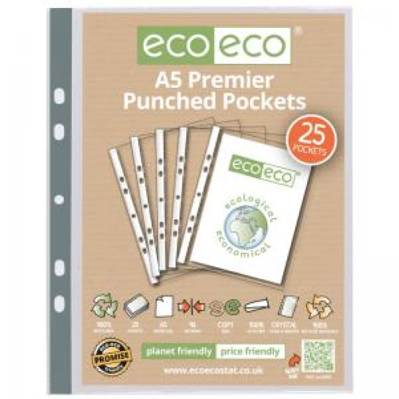 Image of Eco Eco 100% Recycled Punched Pocket A5 Clear (25 Pack) eco148-S