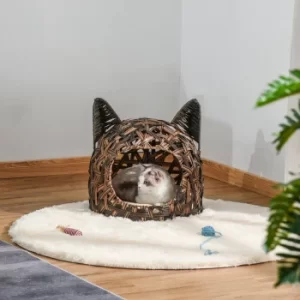 Image of PawHut Wicker Cat Bed Rattan Kitten Basket Pet Den. House Cozy Cute-shaped Cave with Soft Cushion Brown