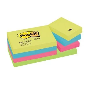 Image of Post it Tutti Frutti 653 Sticky Notes Repositionable 38x51mm Warm Neon Rainbow 12 x 100 Sheets