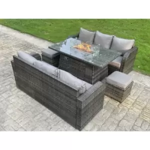Image of Fimous 6 Seater Outdoor Dark Grey Rattan Lounge Complete Sofa Set with Gas Fire Pit and 2 Stools