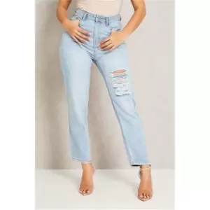 Image of I Saw It First Mid Wash Back Leg Ripped Mom Jeans - Blue