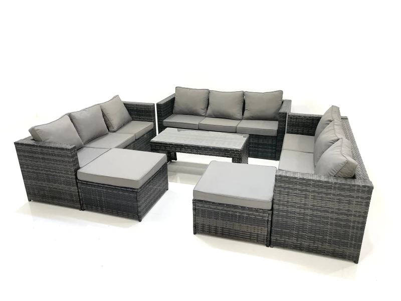 Image of Fimous Outdoor Garden Furniture Set 6 Pieces Rattan Sofa Set with Coffee Table 2 Big Footstools Dark Grey Mixed Dark Grey