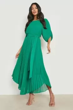 Image of Pleated Puff Sleeve Midi Dress