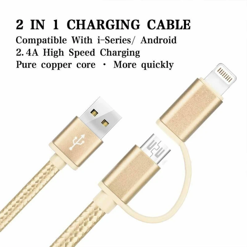 Image of FX Nylon Braided 'USB Cable' with 2 in 1 Dual Lightning Cord Gold Gold unisex