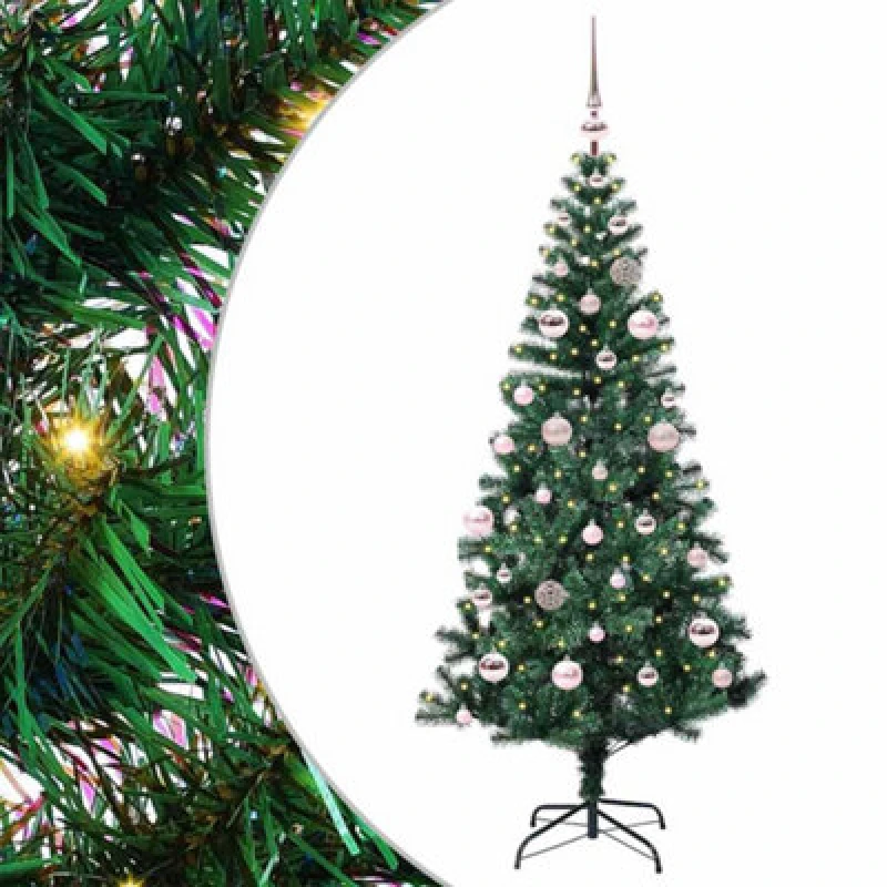 Image of vidaXL Artificial Pre-lit Christmas Tree with Pink Balls Green 150cm PVC and Metal, Green 3396751