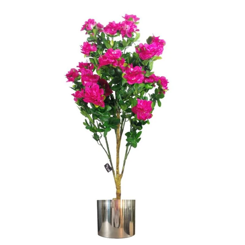 Image of Leaf Realistic 100cm Pink Azalea Flowers in Metal Planter - Premium Quality
