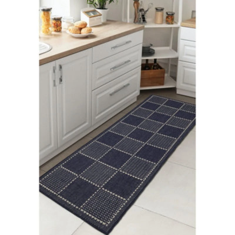 Image of Melrose County Flatweave Navy Check Design Indoor Non-Slip Large Area Runner Rug 060/230Cm
