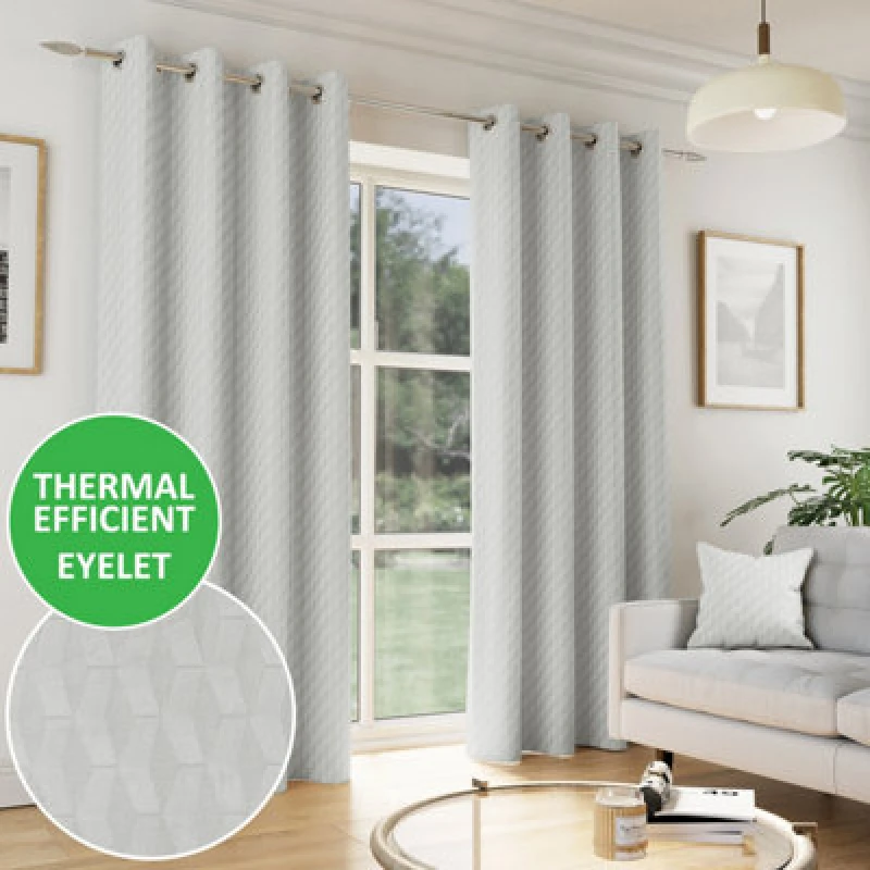 Image of Tokyo Thermal Geometric Embossed Ready Made Eyelet Blockout Curtains Grey