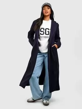 Image of Boohoo Wool Look Coat - Navy, Blue, Size 10, Women