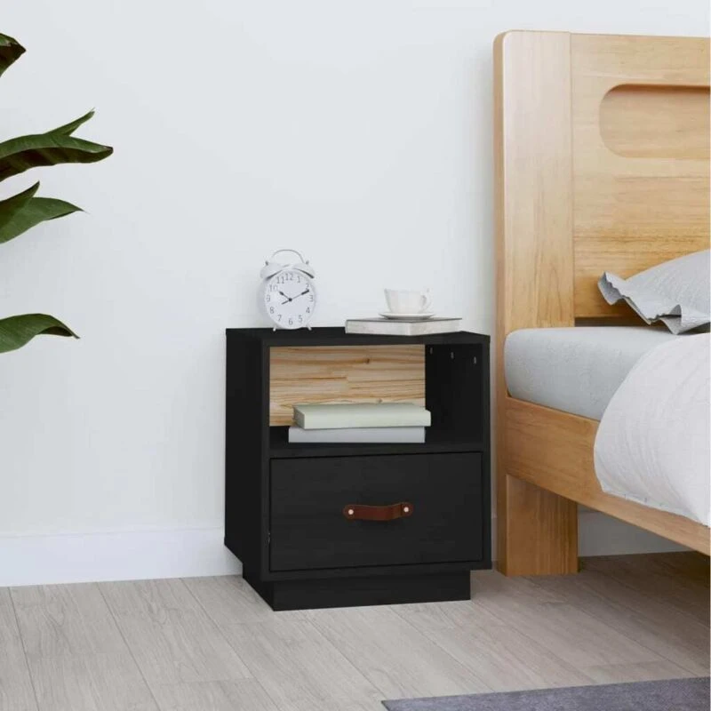 Image of VIDAXL Bedside Cabinet Black 40x34x45cm Solid Wood Pine Vidaxl 8720287203889
